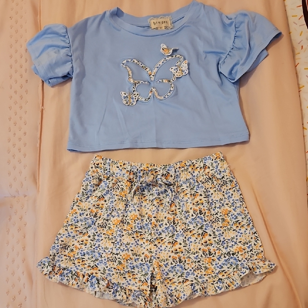 Blue Butterfly Top and Floral Shorts Set Size 5t
